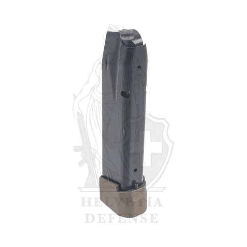Canik Full Size 18+1 Schuss TTI Combat Magazin 9mm mit +1 Aluminium-Verlängerung Bronze Cerakote, wärmebehandeltem Stahlgehäuse, doppelreihig und Anti-Friktions-Beschichtung AFC – kompatibel TP9 TTI Combat Serie – Helvetia Defense Genf