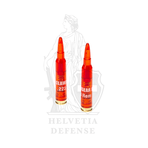 Clawgear Snap Caps .223 Remington 2er-Pack inerte Trainingspatronen aus rotem schlag- und ölbeständigem Polymer mit gefederter Aufschlagfläche, Schlagbolzenschutz für AR15/M4 Trockentraining – 100% inert – Helvetia Defense Genf