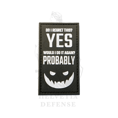 Charlie Mike Klett-Morale-Patch mit der sarkastischen Aufschrift „Do I Regret This? Yes. Would I Do It Again? Probably.“
