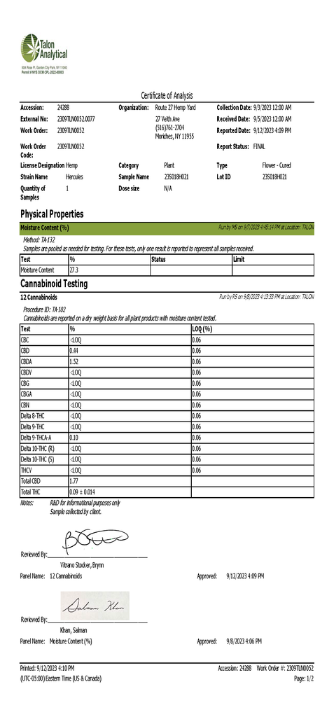 Route 27 Hemp Yard Hercules CBD Third Party Lab Analysis.