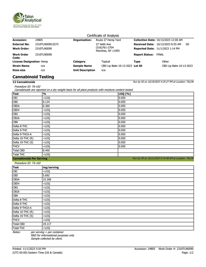 Route 27 Hemp Yard CBD Lip Balm Lab Analysis.
