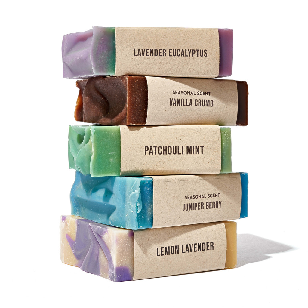 Route 27 Hemp Yard CBD Infused Soap in descending order: Lemon Eucalyptus, Vanilla Crumb, Patchouli Mint, Juniper Berry, Lemon Lavender. All soaps are handcrafted with sustainable ingredients and full spectrum CBD oil. Paper packaging.