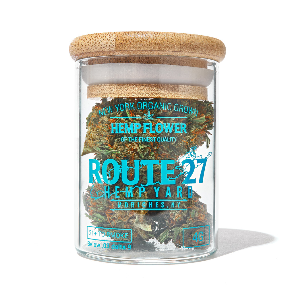 Route 27 Hemp Yard Sour Hawaiian Haze New York Grown CBD Flower om screen printed glass jar with bamboo lid.