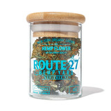 Route 27 Hemp Yard Sour Suver Haze CBD Flower in glass jar with bamboo airtight lid.