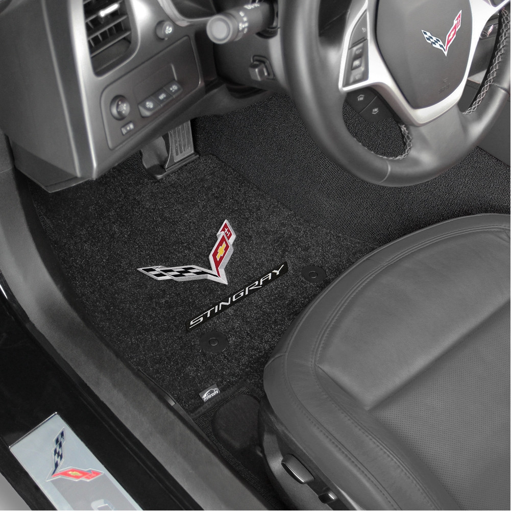 C7 Corvette Stingray Lloyd Floor Mats Black with C7 Crossed Flag Logo & Stingray Script 