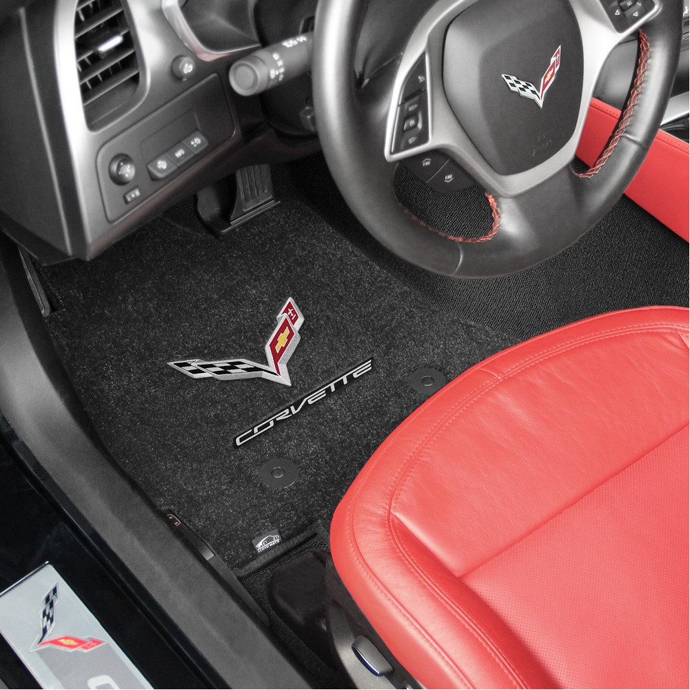 C7 Corvette Stingray Lloyd Floor Mats Black with C7 Crossed Flag Logo & Corvette Script