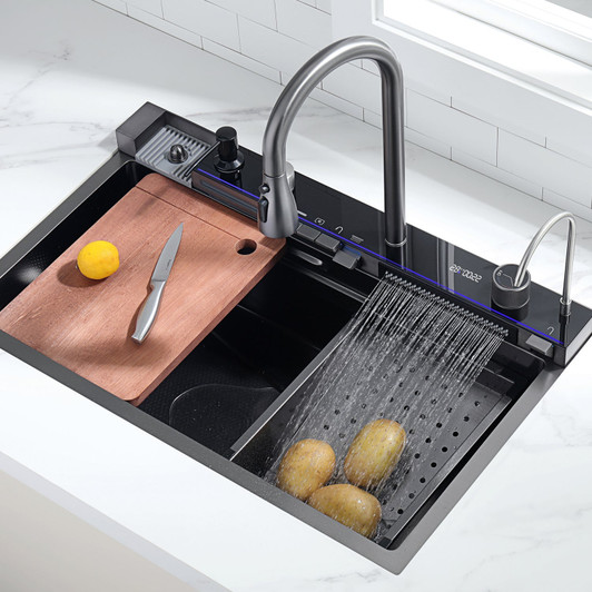 Two Waterfall Faucets Kitchen Sink with Digital Temperature Display & LED Lighting-CH2206