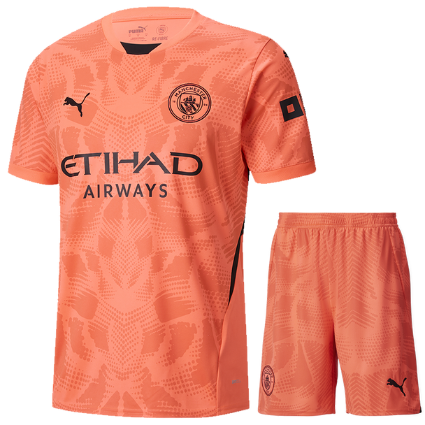 Manchester City 24/25 Kid's Coral Goalkeeper Shirt and Shorts