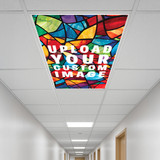 Custom Light Diffuser Panel – Premium polycarbonate ceiling panel with full-color UV printing, showing vibrant custom artwork installed in a fluorescent light fixture.