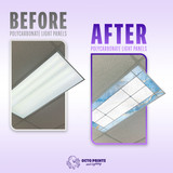 Before and after comparison of polycarbonate light panels, showing a transition from plain fluorescent light cover to a vibrant, stained glass design