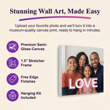 Custom canvas print features including premium semi-gloss finish, 1.5 inch stretcher frame, free edge finishes, and hanging kit included from Octo Prints