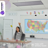 Classroom with gray fabric light covers creating calm sensory-friendly environment