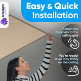 Magnetic light cover attaching to 2x4 classroom fluorescent fixture showing easy installation