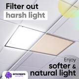 Before and after comparison of classroom with and without beige fabric light covers installed