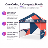 Custom pop up tent infographic showing the complete booth package: printed canopy, half walls, flags and accessories in one order