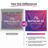 Custom tent full wall beside a dull sagging vinyl banner, showing vivid scratch-resistant dye-sublimated color at eye level.