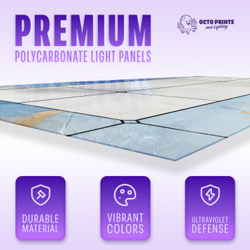 Close-up of a premium polycarbonate light panel with a blue marble stained glass pattern, highlighting its durable material and vibrant colors