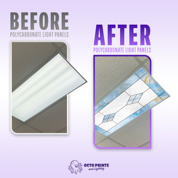 Comparison showing a plain fluorescent light cover and an upgraded vibrant stained glass polycarbonate light panel.