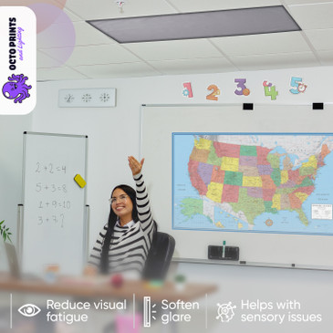 Classroom with gray fabric light covers creating calm sensory-friendly environment