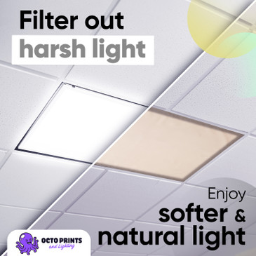 Before and after comparison of classroom with and without beige fabric light covers installed