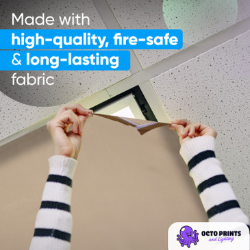 Teacher installing magnetic fabric light cover on classroom ceiling fixture without tools