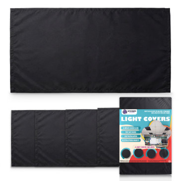 Black fabric magnetic light covers for classrooms, 4-pack with packaging showing NFPA 701 fire-safe fabric and 10 magnets