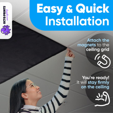 Teacher attaching a black magnetic fabric light cover to the ceiling grid for quick tool-free installation