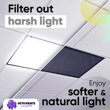 Split view of harsh fluorescent panel beside a black fabric light cover softening the glare into natural classroom light