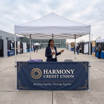 Custom tent half wall branding an event coordinator's ten foot booth at an outdoor trade show.