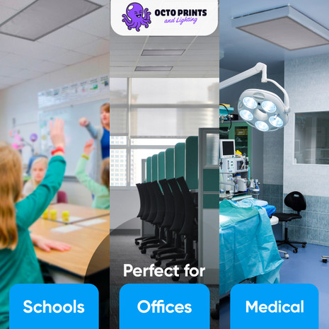 Gray fabric fluorescent light cover installed on 2x4 classroom ceiling fixture