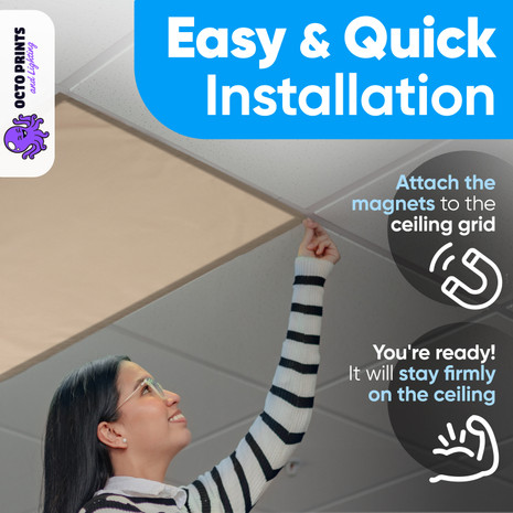 Magnetic light cover attaching to 2x4 classroom fluorescent fixture showing easy installation