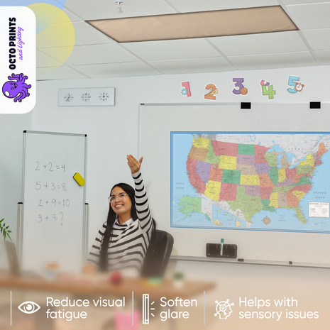 Beige fabric fluorescent light covers installed in elementary classroom with warm tone lighting