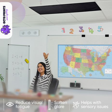 Classroom with a black fabric light cover reducing glare and visual fatigue for a sensory-friendly learning space