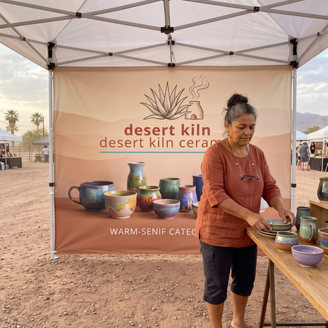 Custom tent full wall backing a handmade ceramics booth at an Arizona outdoor craft fair.