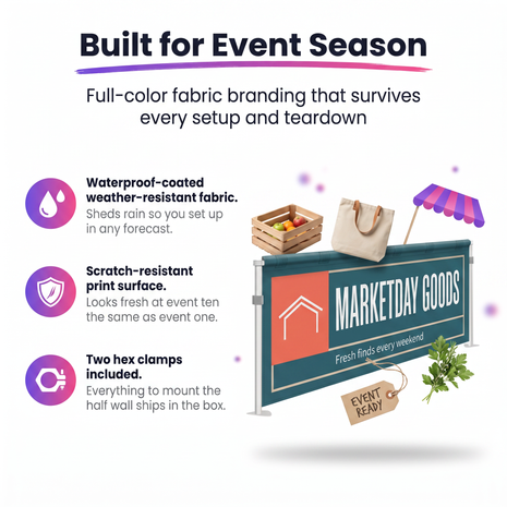 Custom tent half wall infographic highlighting waterproof scratch-resistant fabric and included hex clamp hardware.
