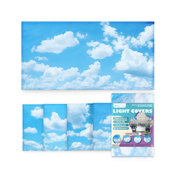 Cloud-themed fluorescent light cover displaying fluffy white clouds against a soft blue sky.