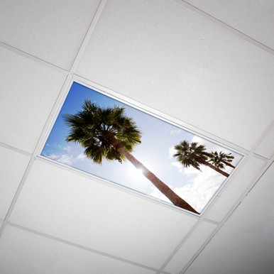 Palm tree canopy fluorescent light cover in a 2x4 fixture