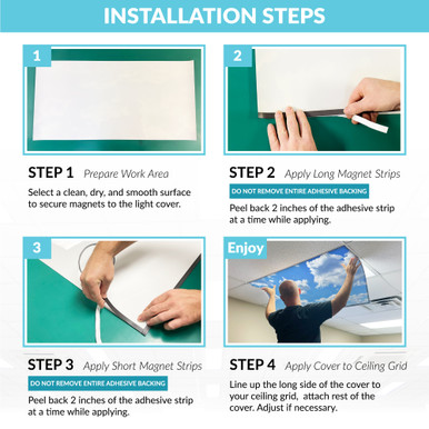 Four installation steps for a magnetic light cover on a ceiling grid