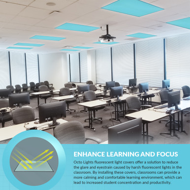 Computer classroom with custom color magnetic light covers on ceiling lights