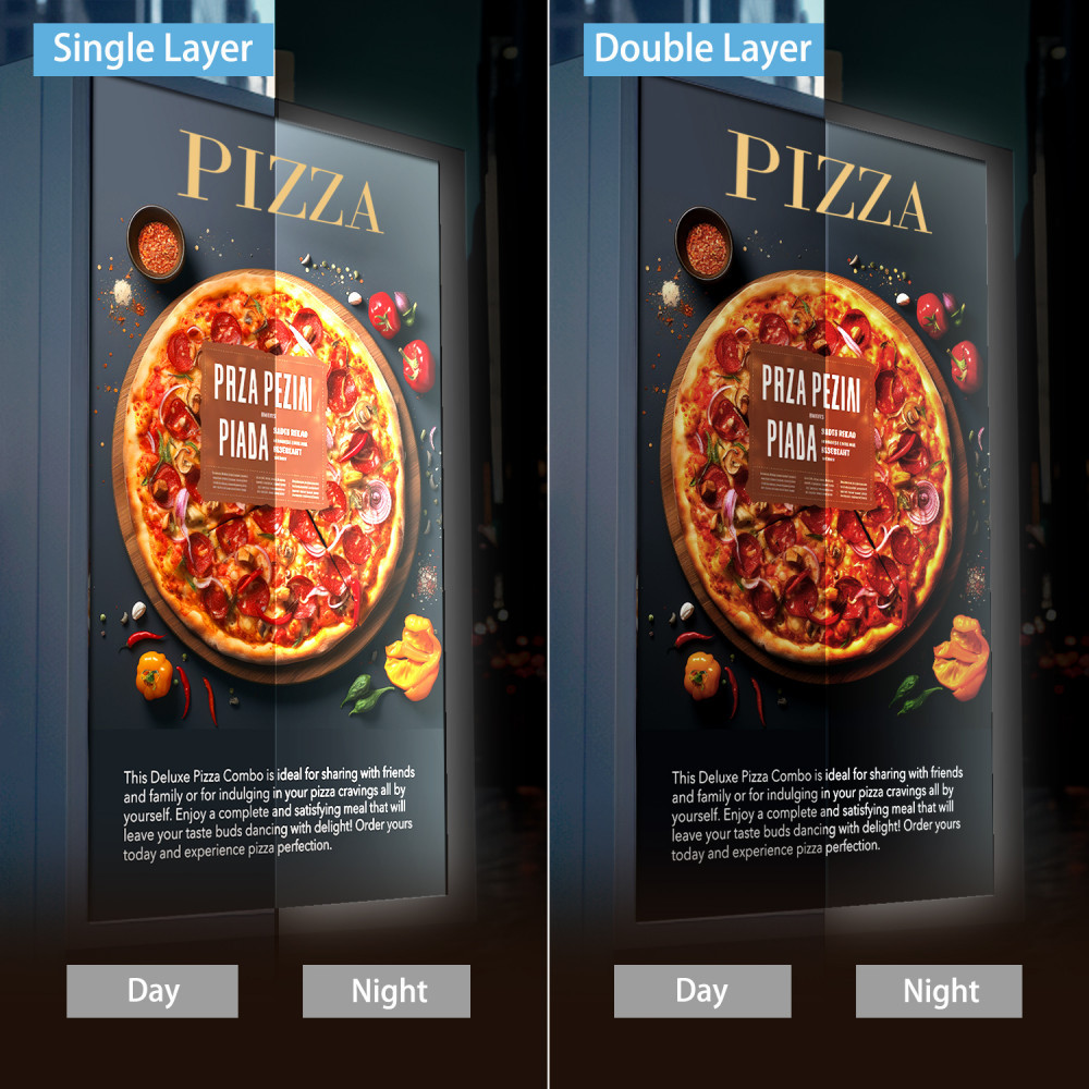 Single layer vs double layer translucent vinyl on a lit pizza menu sign, day and night