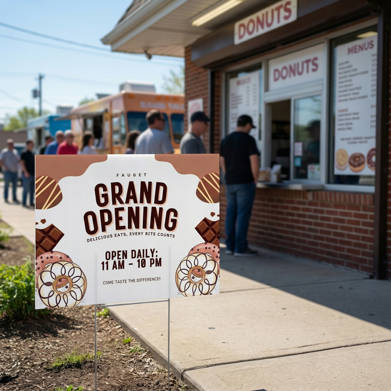 Grand opening yard sign outside a donut shop