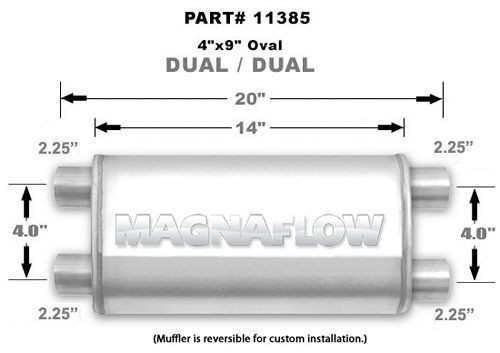 MAG11385, S/S Muffler; 4"x 9", Dual 2-1/4" in & out, 14" Body/ 20" o/a