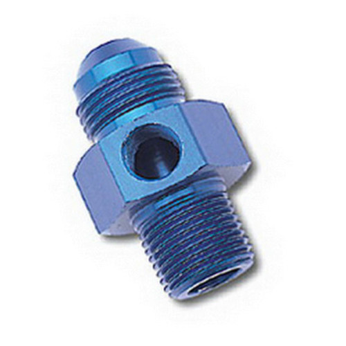 RUS670060, Fitting, Gauge Adapter, Straight, 6 AN Male to 3/8 in NPT Male, 1/8 in NPT Gauge Port, Aluminum, Blue Anodize, Each