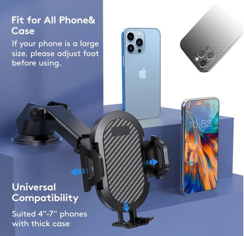 Phone Mount for Car Windshield/Dash, Suction Fit, Adjustable Arm