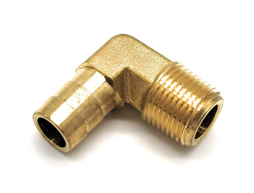 1/2” X 3/8” Hose Barb X MPT, 90 Degree Forged Brass Elbow