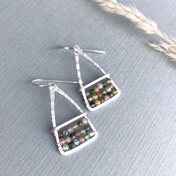 Triangle Bar Earrings with Tourmaline