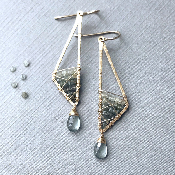 Abstract Triangle Earrings with Ombré Moss Aquamarine