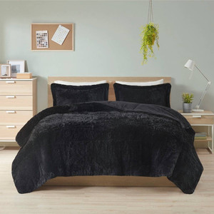 King/CAL King Black Soft Sherpa Faux Fur 3-Piece Comforter Set with Pillow Shams Q280-KNBLDCS89316572