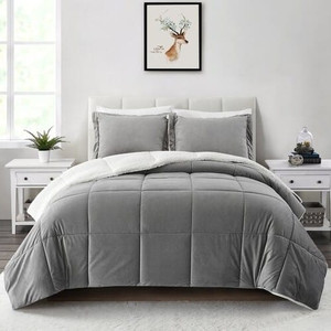 King Plush Microfiber Reversible Comforter Set in Grey Q280-GRKI1042