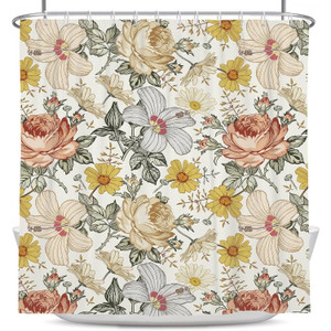 72"W x 72"H Vintage Floral Peony Yellow/Pink Polyester Shower Curtain Q280-VNYEPI7272